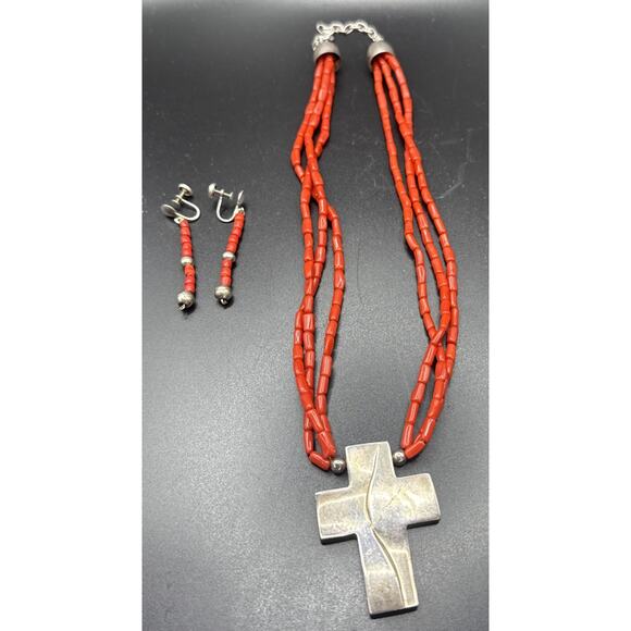 Vtg Jay King DTR Red Corral 925 Cross Pendant Necklace And Screw Back Earrings
